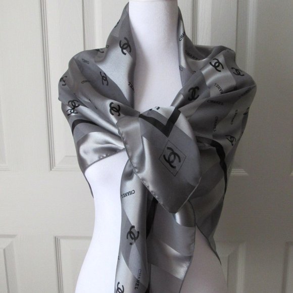 CHANEL Silky Sheer  SCARF Logo Gray Large Elegant Black Silver - Picture 1 of 9